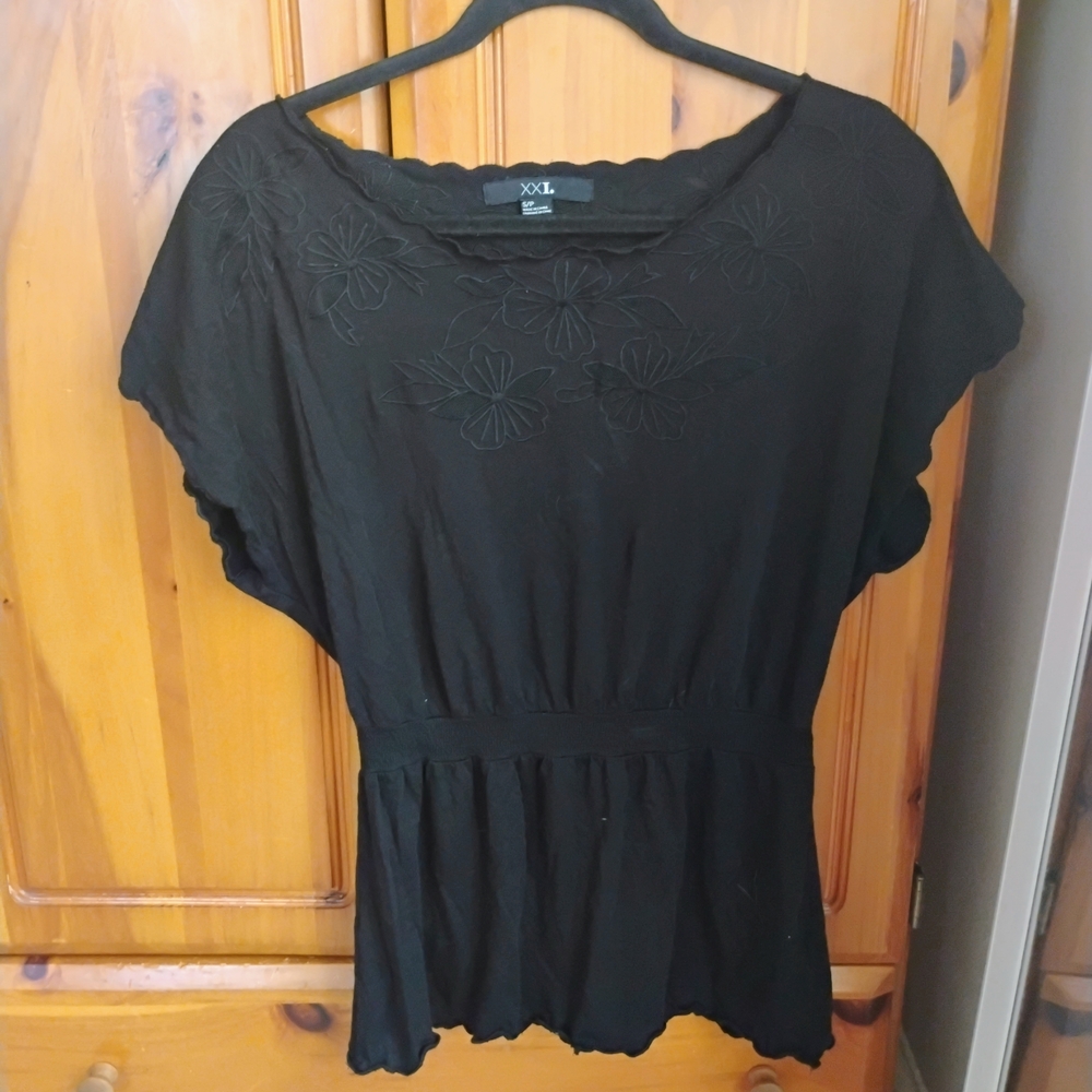 Black Embroidered Scoop-Neck Blouse
